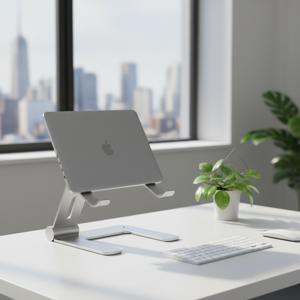 심플하고 현대적인 화이트 데스크테리어 환경에서 실버 알루미늄 노트북 거치대가 맥북을 눈높이로 들어 올리고 있는 모습. 옆에는 작은 초록색 식물 화분과 하얀색 무선 키보드가 놓여 있으며 창가에서 들어오는 부드러운 자연광이 비치는 고해상도 사진.