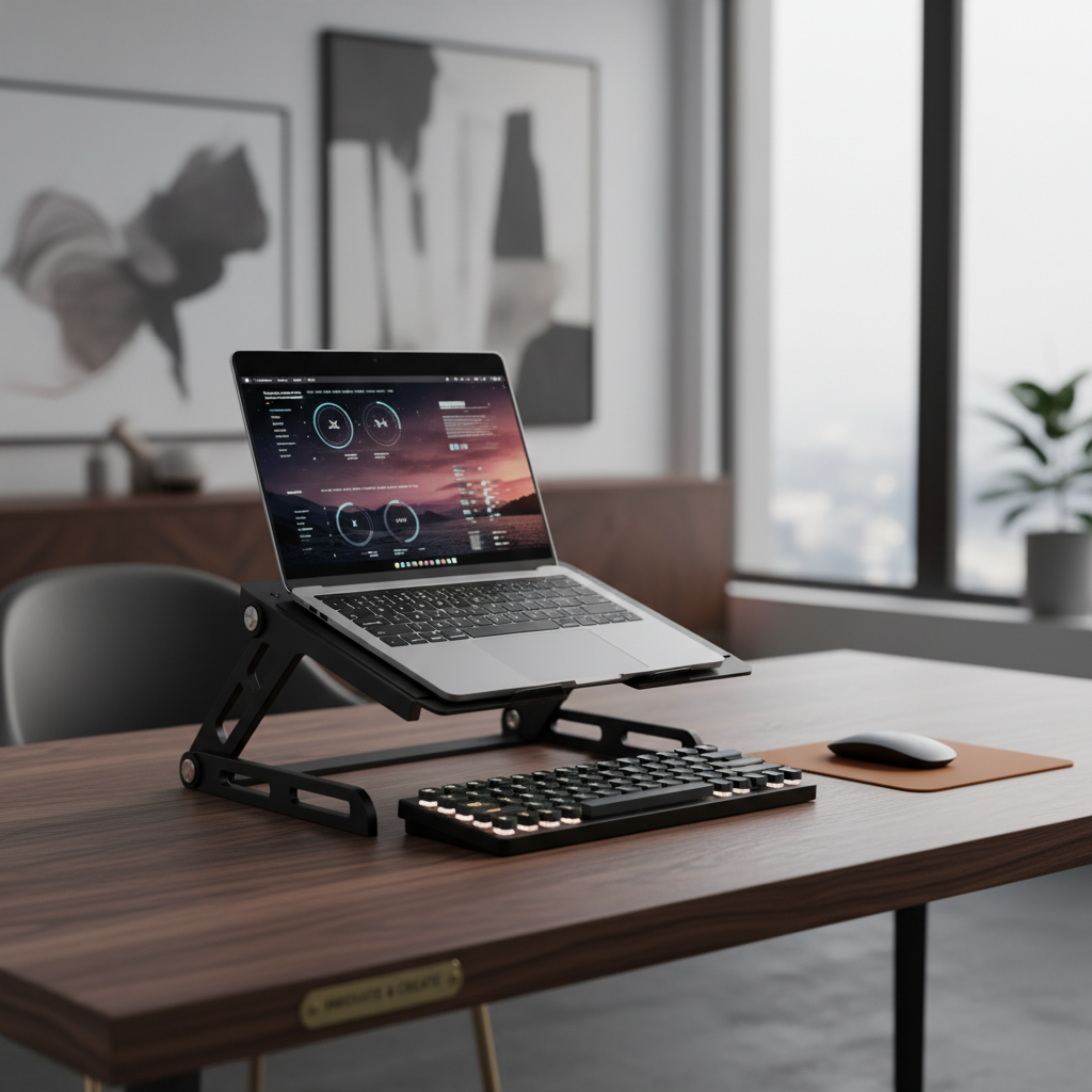 세련된 다크 월넛 목제 책상 위에 설치된 인체공학적 블랙 금속 노트북 거치대. 노트북 아래 공간에는 기계식 키보드가 깔끔하게 수납되어 있으며 뒤쪽으로는 흐릿하게 사무실 배경이 보이는 전문적인 워크스테이션 레이아웃.
