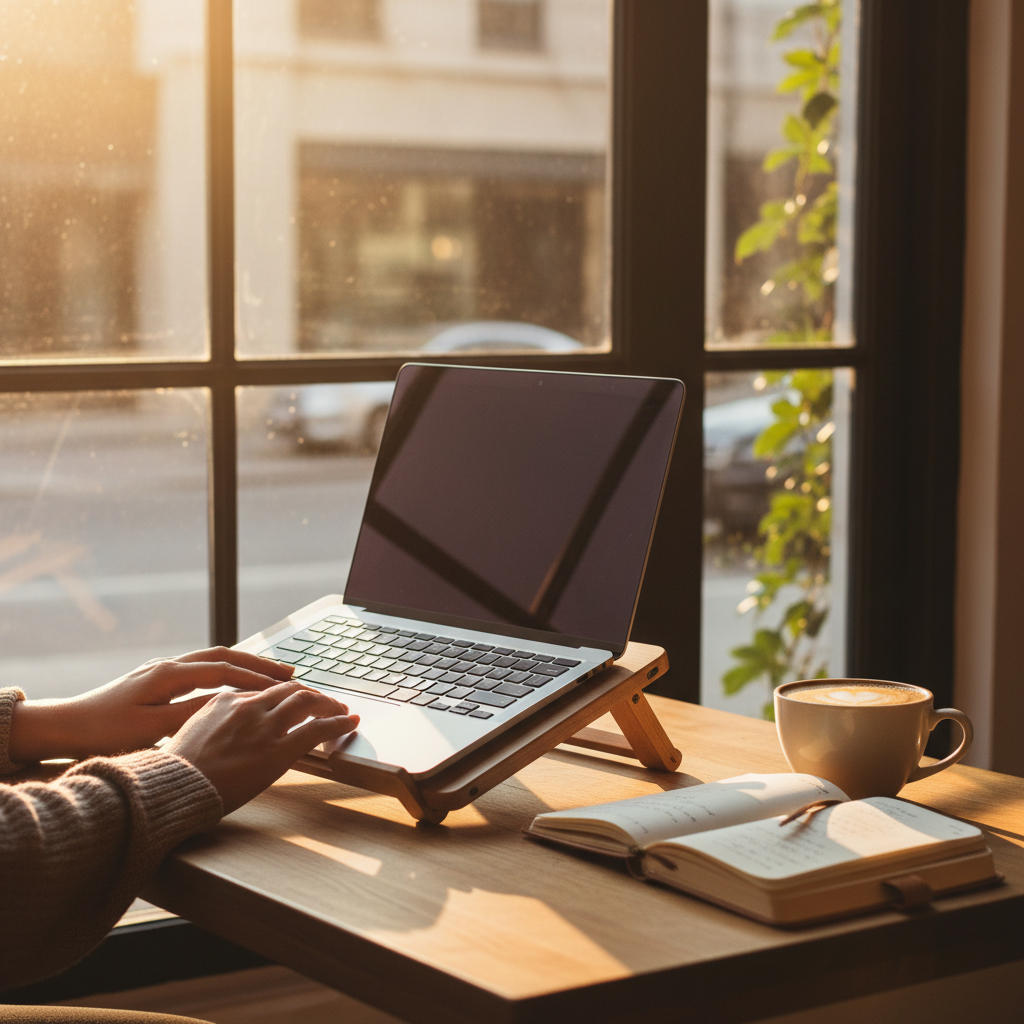 포근한 분위기의 카페 창가 자리에서 원목 소재의 접이식 노트북 거치대를 사용하여 작업 중인 장면. 거치대 옆에는 따뜻한 라떼 한 잔과 다이어리가 놓여 있으며 따뜻한 오후의 햇살이 느껴지는 감성적인 라이프스타일 이미지.