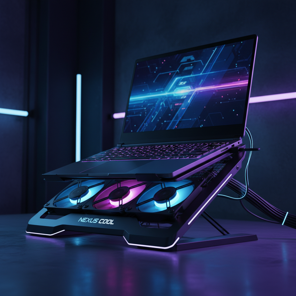 강력한 냉각 팬이 장착된 게이밍 노트북 거치대 위에서 화려한 RGB 조명이 나오는 노트북이 작동 중인 모습. 어두운 방 안에서 파란색과 보라색 네온 조명이 반사되는 역동적이고 미래지향적인 분위기.
