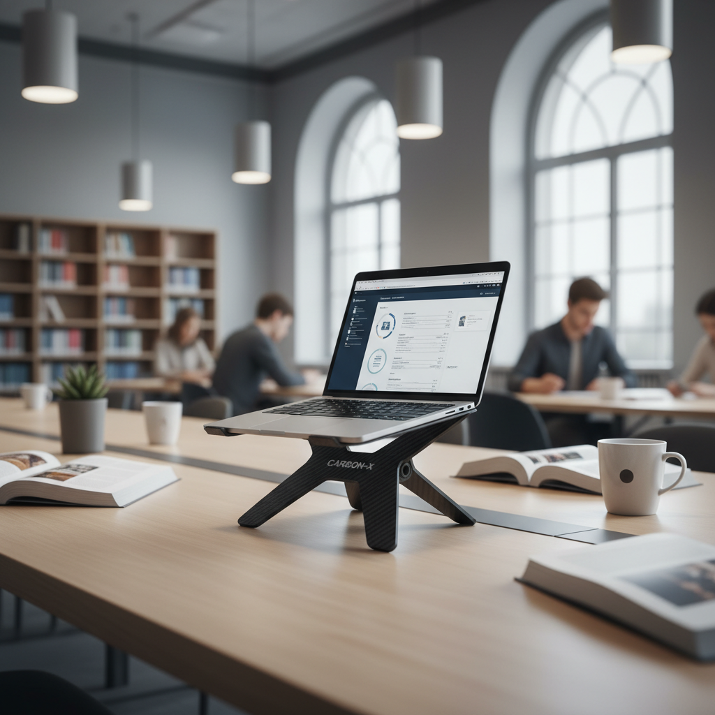 이동이 편리한 초경량 카본 소재의 X자형 휴대용 노트북 거치대가 현대적인 도서관 테이블 위에 펼쳐진 모습. 얇은 울트라북이 안정적으로 거치되어 있으며 주변은 정숙하고 밝은 조명의 면학 분위기.