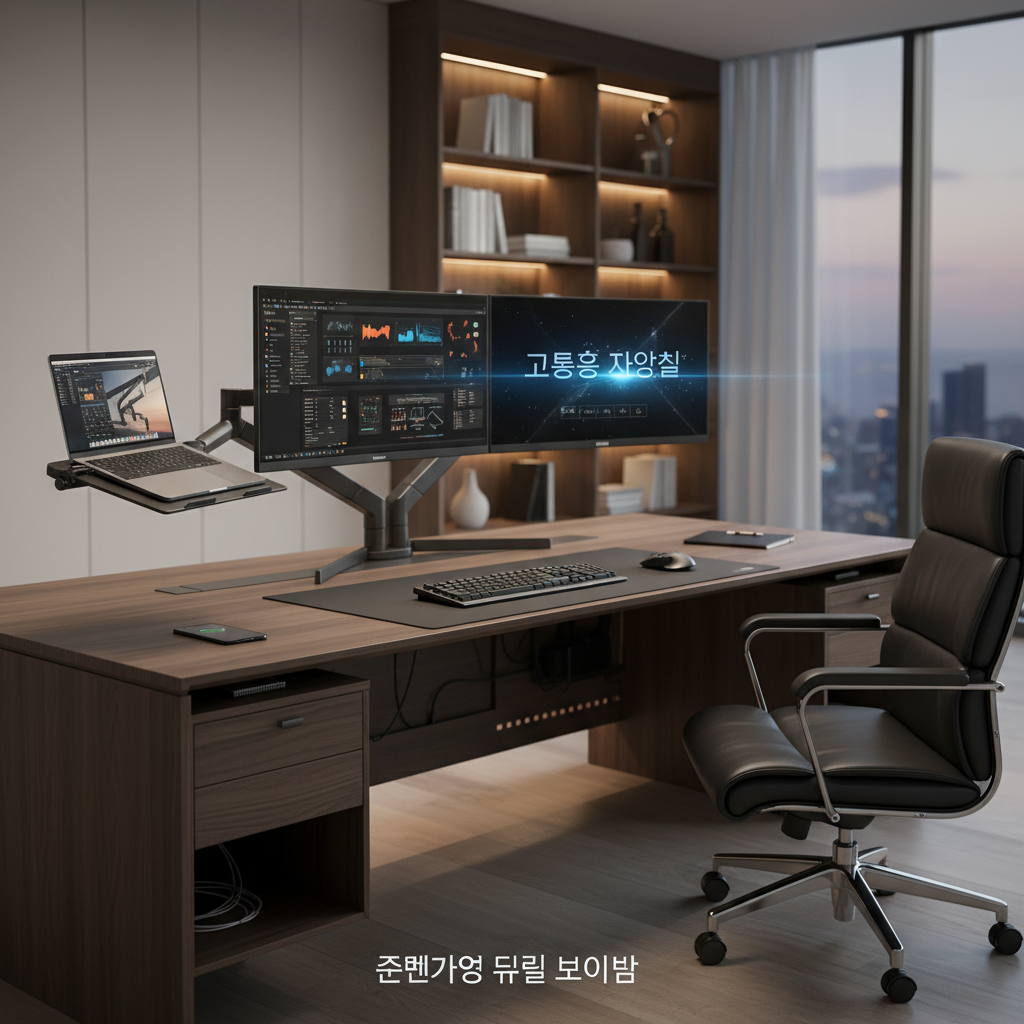 전문가용 듀얼 모니터 암에 연결된 노트북 트레이 거치대가 모니터와 나란히 배치된 고성능 작업실 전경. 선 정리가 완벽하게 된 깔끔한 데스크 환경과 고급 사무용 의자가 어우러진 프로페셔널한 연출.